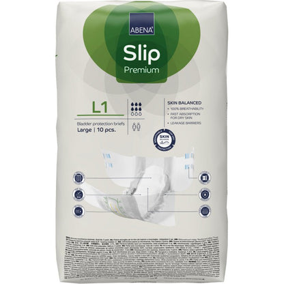 A pack of ABENA Slip Premium from Abena Re-Seller GmbH, size large, with 10 pieces. The white packaging has green and blue accents and clear product information on the front.