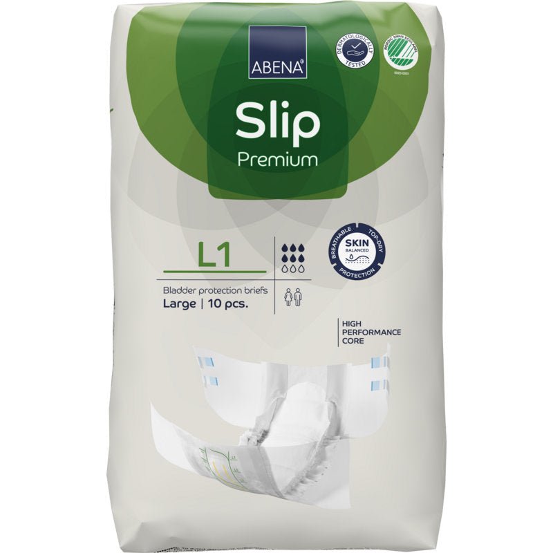 A 10-pack of ABENA Slip Premium from Abena Re-Seller GmbH, size L1. The white-green packaging highlights skin protection and a high-performance core for effective incontinence care.
