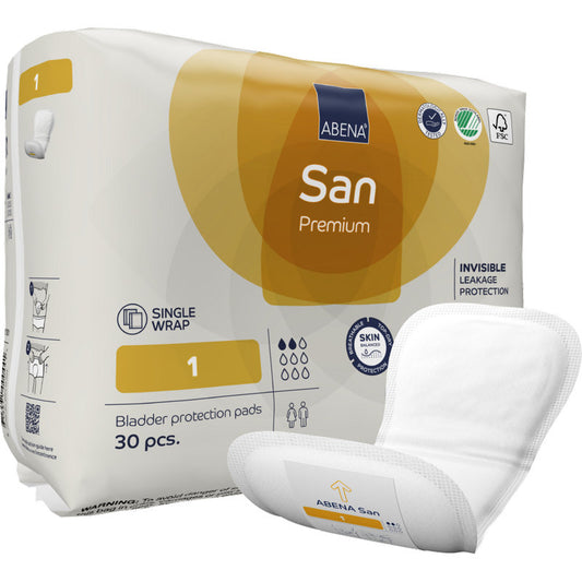 Abgebildet ist eine Packung der ABENA San Premium Blasenschutzeinlagen (30 Stück) der Abena Re-Seller GmbH, mit einer Einlage im Vordergrund. Die Verpackung hebt die hohe Saugfähigkeit, die Einmaleinlage, den Auslaufschutz und die hautfreundliche Inkontinenzversorgung hervor.