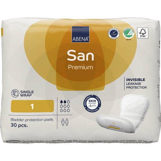 Ein 30er-Pack ABENA San Premium Einlagen der Abena Re-Seller GmbH für Inkontinenz, Größe 1. Die weiß-goldene Verpackung enthält Angaben zur hohen Saugfähigkeit, Produktinformationen und Zertifizierungslogos.