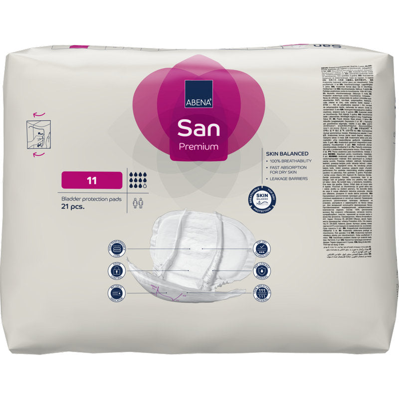 Eine Packung ABENA San Premium von Abena Re-Seller GmbH, Größe 11 Blasenschutzeinlagen (21 Stück). Die Vorderseite hebt Inkontinenz Schutz, Tamponbilder und Symbole für hohe Saugfähigkeit und Atmungsaktivität hervor.