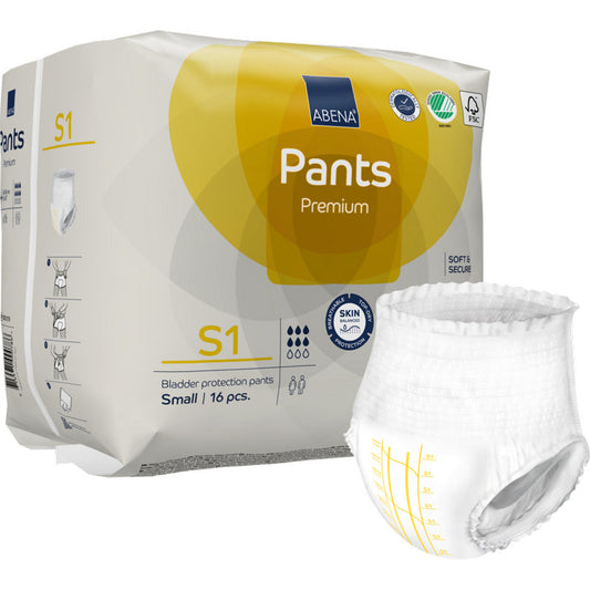 Eine Packung ABENA Pants Premium S von Abena Re-Seller GmbH enthält 16 kleine, hautfreundliche, zertifizierte Pants, hier mit einer aufgeklappten für diskreten Inkontinenzschutz.