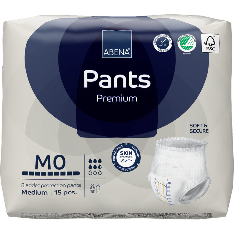 A 15-pack of ABENA Pants Premium M from Abena Re-Seller GmbH is characterized by high absorbency, "soft & secure" and "skin-friendly" features, with product and sustainability symbols on the packaging.