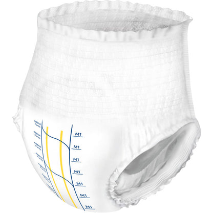 The ABENA Pants Premium M from Abena Re-Seller GmbH is a white pull-up style disposable pant with an elastic waistband and leg openings, featuring blue and yellow lines and labeled indicators on the front.