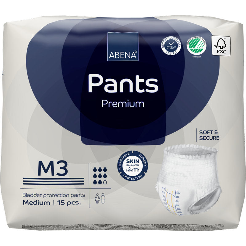 A pack of ABENA Pants Premium M from Abena Re-Seller GmbH, medium size, 15 pieces. The packaging emphasizes skin protection, softness, security, and eco-friendly certification. Contains an image of the disposable pant.