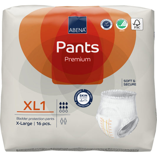 Ein Paket ABENA Pants Premium XL von Abena Re-Seller GmbH, Größe X-Large, 16 Stück. Kommt in weißer Verpackung mit orangefarbenen Akzenten, die Produktbilder und Zertifizierungslogos zeigen.