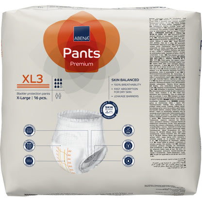 Eine Packung ABENA Pants Premium XL von Abena Re-Seller GmbH (X-Large, 16 atmungsaktive Inkontinenzhosen) ist mit einer Produktinformation, einem Bild und Symbolen für Atmungsaktivität und schnelle Aufnahme auf der Verpackung versehen.