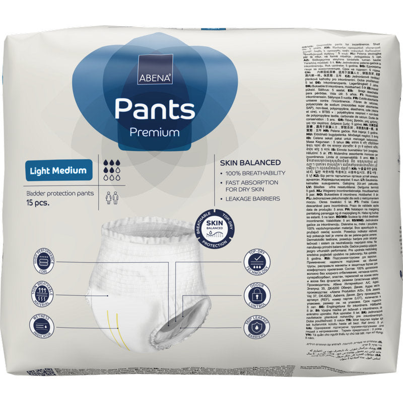 Eine 15-teilige Packung ABENA Pants Light (Abena Re-Seller GmbH) in mittlerer Größe, mit Produktdetails, Icons, mehrsprachigem Text und einer Einweghosen-Inkontinenz-Abbildung auf der Vorderseite der Verpackung.
