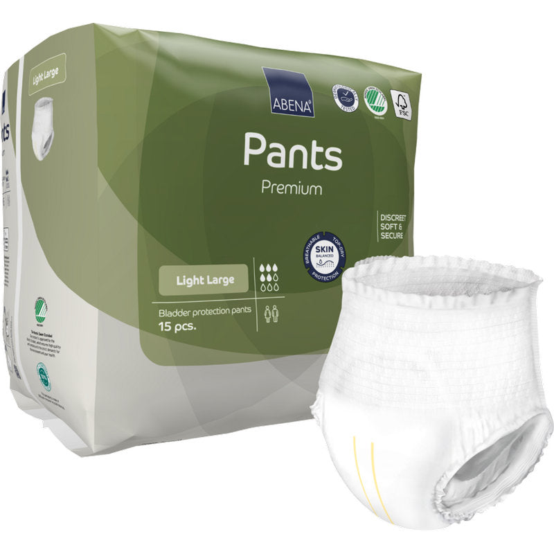 Abgebildet ist eine Packung ABENA Pants Light der Abena Re-Seller GmbH in der Größe Large mit einer aufgeklappten weißen Schutzhose. Die umweltfreundliche Packung enthält 15 hautverträgliche Einweg-Inkontinenzhosen.