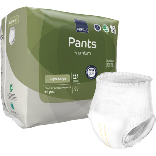 Abgebildet ist eine Packung ABENA Pants Light der Abena Re-Seller GmbH in der Größe Large mit einer aufgeklappten weißen Schutzhose. Die umweltfreundliche Packung enthält 15 hautverträgliche Einweg-Inkontinenzhosen.