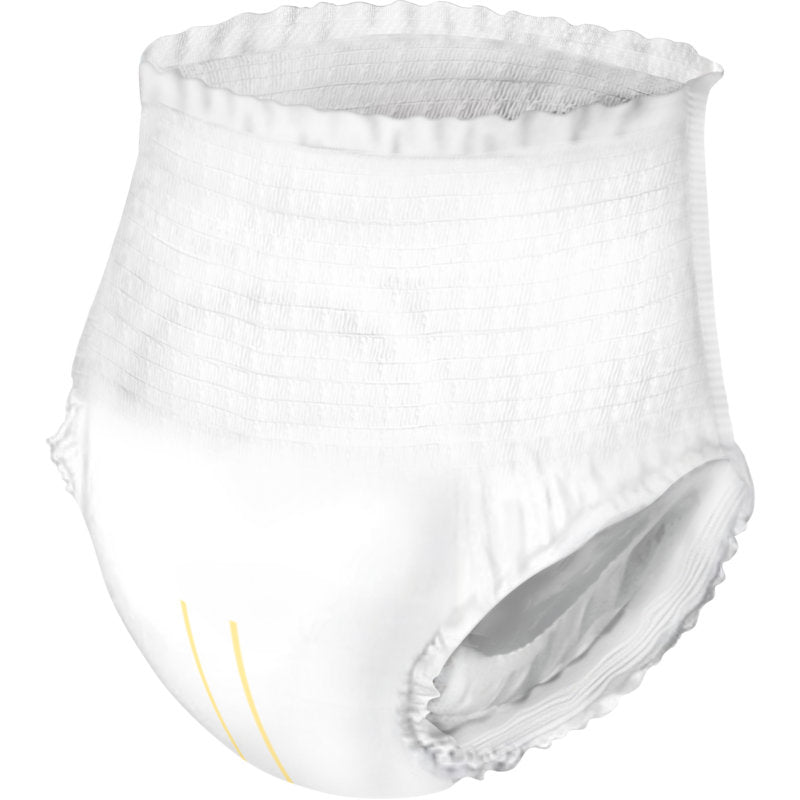 Die ABENA Pants Light von Abena Re-Seller GmbH ist eine Einweghose für Erwachsene mit elastischem Bund und Beinöffnungen; sie ist weiß mit zwei schwachen gelben Linien auf der unteren Vorderseite.