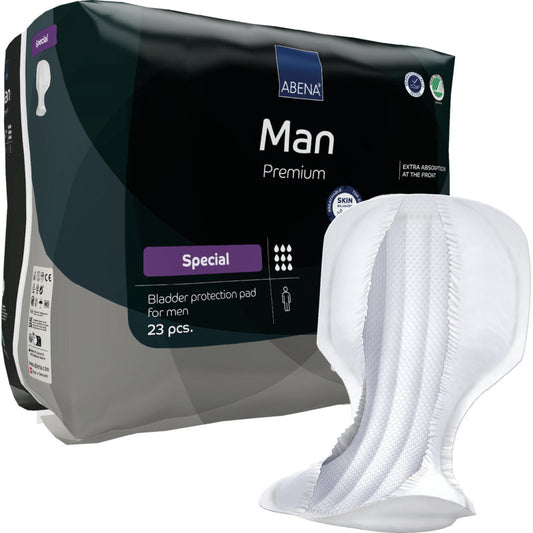 Eine Packung ABENA Man Special, Premium von Abena Re-Seller GmbH (23 Pads) mit der Aufschrift "Special" neben einem ungefalteten Pad, das die Textur und Form zeigt, mit Symbolen auf der Packung, die die Vorteile anzeigen.