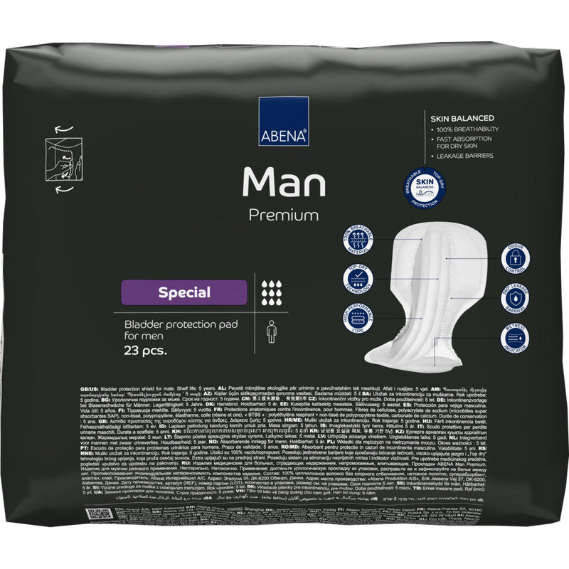 Eine Packung ABENA Man Special, Premium von Abena Re-Seller GmbH enthält 23 Binden in einer schwarzen Verpackung mit weißen und lila Akzenten, die die Saugfähigkeit und den Auslaufschutz hervorheben.