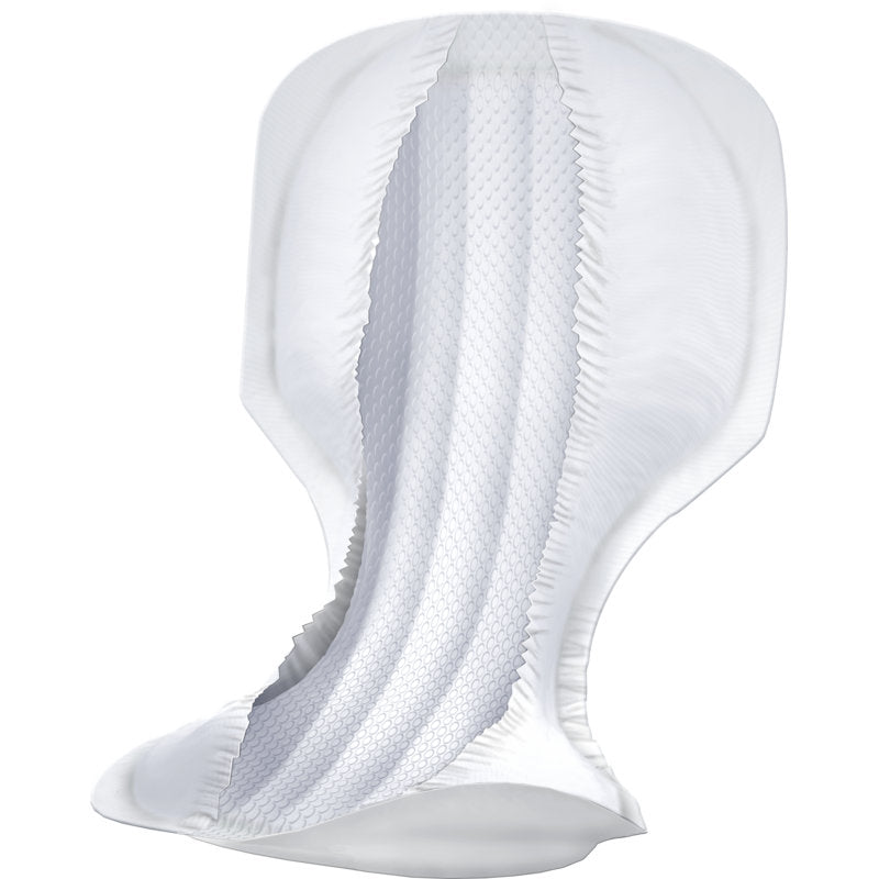 Die Nahaufnahme einer ABENA Man Special, Premium | Packung (23 Paare) der Abena Re-Seller GmbH zeigt die strukturierte Oberfläche der Binde und die erhöhten Seitenbarrieren für optimalen Auslaufschutz auf einem schlichten weißen Hintergrund.