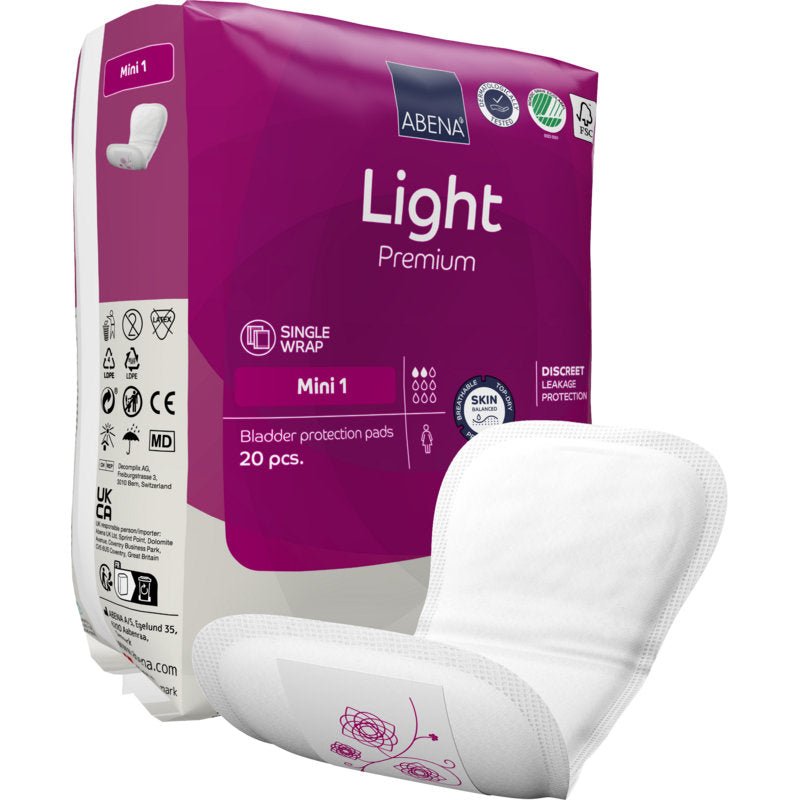 A pack of ABENA Light Mini 1, Premium from Abena Re-Seller GmbH contains 20 pads for light incontinence. A pad is pictured on the front. The purple-white packaging shows product details and brand logos.