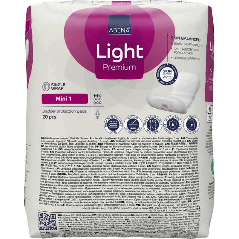 Pack of ABENA Light Mini 1, Premium (20 pieces) from Abena Re-Seller GmbH for light incontinence with multilingual details, product branding, and an illustration of an incontinence pad on the right side.