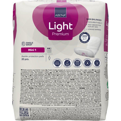 Pack of ABENA Light Mini 1, Premium (20 pieces) from Abena Re-Seller GmbH for light incontinence with multilingual details, product branding, and an illustration of an incontinence pad on the right side.