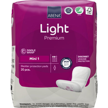 A pack of ABENA Light Mini 1, Premium from Abena Re-Seller GmbH contains 20 pads for light incontinence. The violet packaging features individual wrapping and discreet leakage protection with clear white writing and symbols.