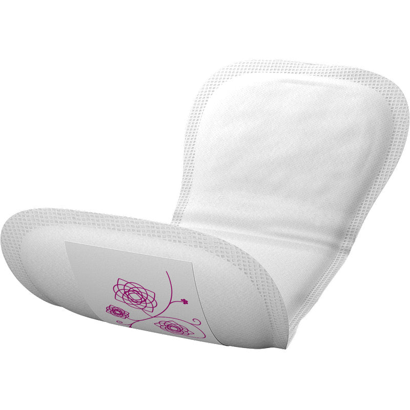 Eine einzelne weiße ABENA Light Mini 1, Premium Inkontinenzeinlage von Abena Re-Seller GmbH, mit abgerundeten Kanten und einem rosafarbenen Blumenmuster auf dem Klebestreifen, wird vor einem schlichten weißen Hintergrund präsentiert. Die Packung enthält 20 Paare.