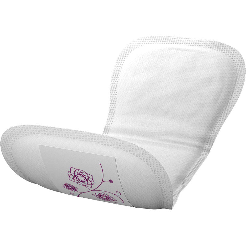 Eine Nahaufnahme einer einzelnen ABENA Light Mini Plus 1A, Premium Inkontinenzeinlage von Abena Re-Seller GmbH (Packung mit 16 Paaren), weiß mit lila Blumendesign-ideal bei leichter Blasenschwäche.