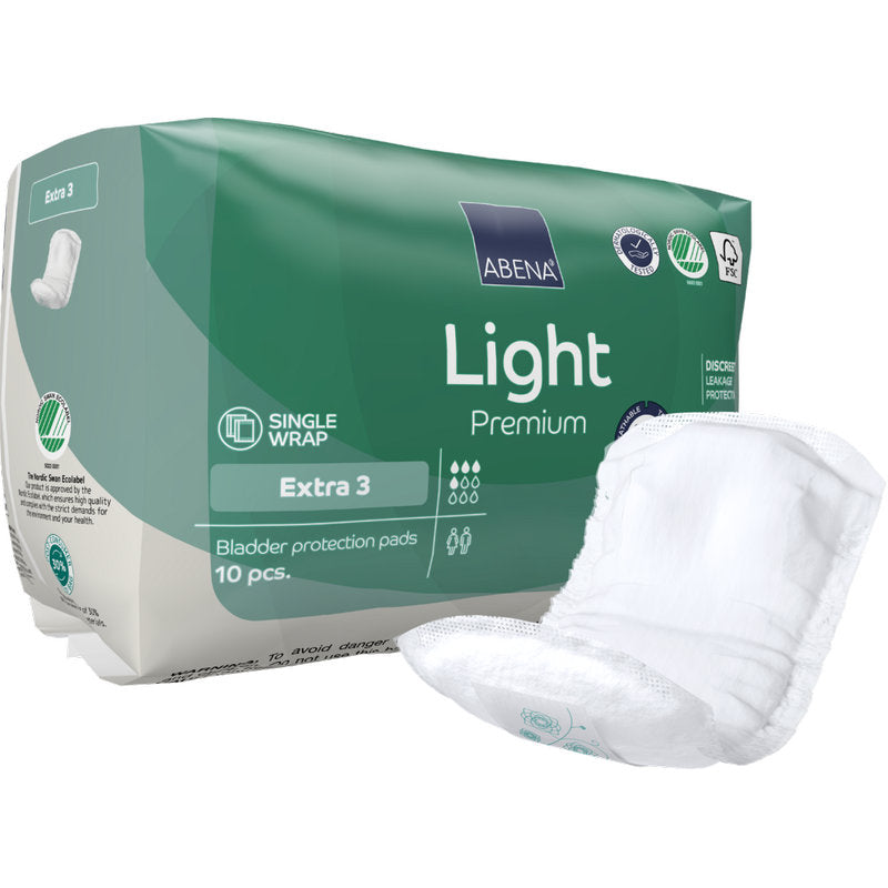 Eine grün-weiße Packung mit der Aufschrift "ABENA Light Extra 3, Premium" der Abena Re-Seller GmbH enthält 10 Paar hochwertige Tampons für einen zuverlässigen Blasenschutz, vorne ist ein weißer Tampon abgebildet.