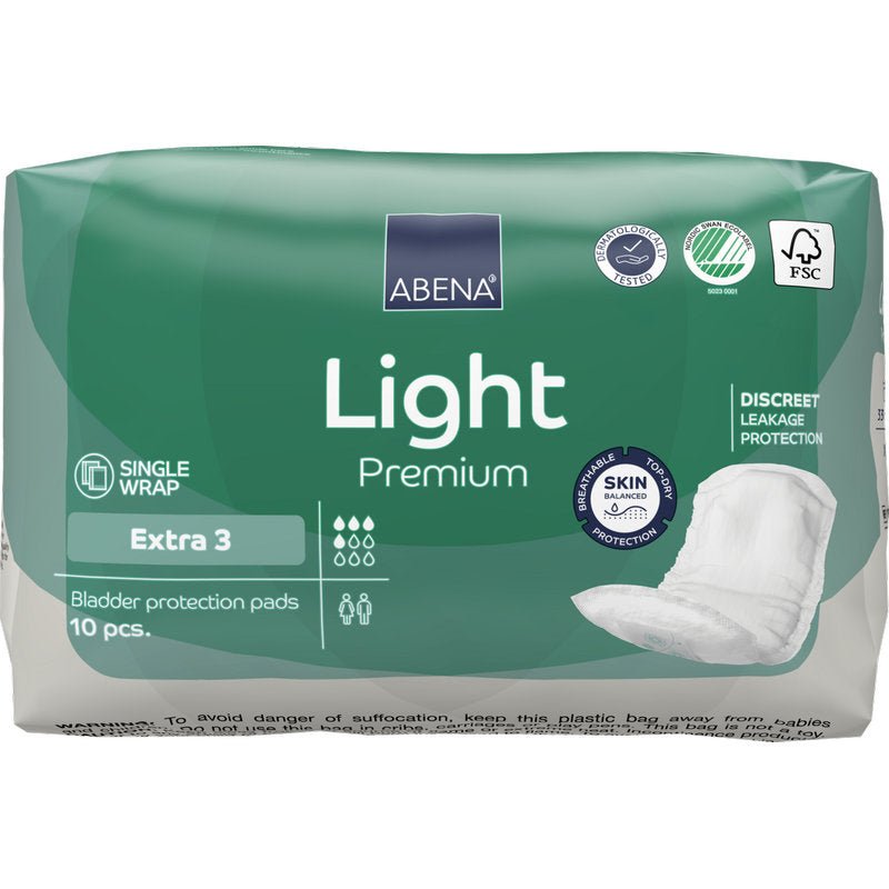 A green-white pack of ABENA Light Extra 3, Premium from Abena Re-Seller GmbH, contains 10 bladder protection pads. The packaging shows the features and an image of the pad on the right side for daily comfort.