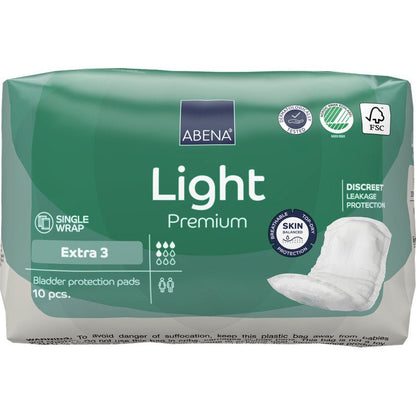 A green-white pack of ABENA Light Extra 3, Premium from Abena Re-Seller GmbH, contains 10 bladder protection pads. The packaging shows the features and an image of the pad on the right side for daily comfort.