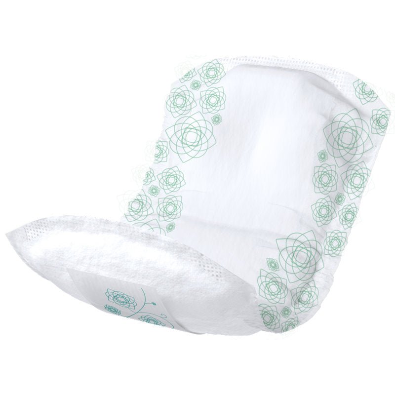 The ABENA Light Extra 3, Premium | Pack (10 pieces) from Abena Re-Seller GmbH is a disposable pad with a white surface and light green geometric patterns, designed for daily comfort and secure protection.