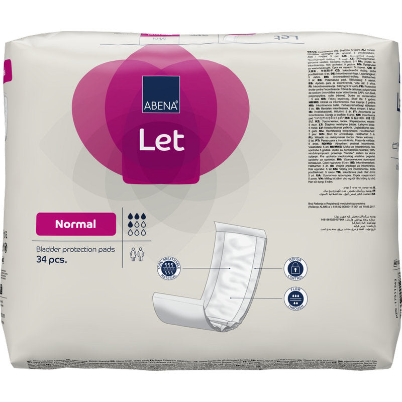 Eine Packung mit 34 ABENA Let Blasenschutzpads der Abena Re-Seller GmbH in weißer Verpackung mit rosa und blauen Akzenten, Produktabbildungen und Piktogrammen zur Hervorhebung von Merkmalen, inklusive einer hochwertigen Tasche.