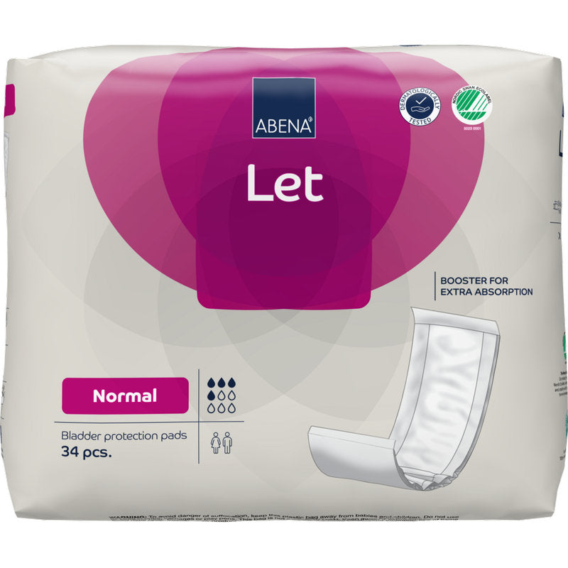 Eine 34er-Packung ABENA Let Blasenschutzeinlagen von Abena Re-Seller GmbH, in weißer und lila Verpackung mit Produktinformationen, Icons und dem ABENA Let Tasche Logo.