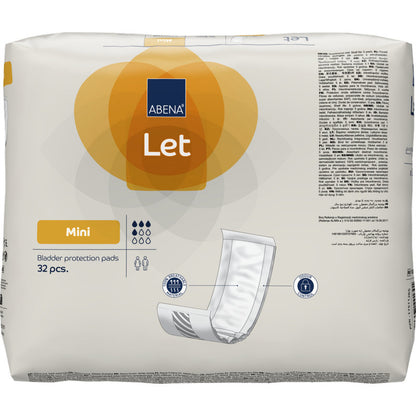 Eine Packung mit 32 ABENA Let Blasenschutzpads der Abena Re-Seller GmbH besticht durch ein überwiegend weißes Design mit orangefarbenen Akzenten und einer Pad-Illustration - ideal zur Aufbewahrung in Ihrer strapazierfähigen Tasche.