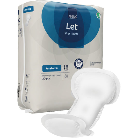 Eine Packung ABENA Let Blasenschutzpads der Abena Re-Seller GmbH, beschriftet mit 30 Stück, ist meist weiß und blau mit einem Pad auf der Vorderseite, und die Verpackung ähnelt einer hochwertigen Tasche.