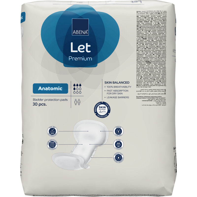 Eine Packung ABENA Let Blasenschutzeinlagen (30 Stück) von Abena Re-Seller GmbH, im überwiegend weißen Design mit blauen Akzenten und Produktinformationen auf der Vorderseite.