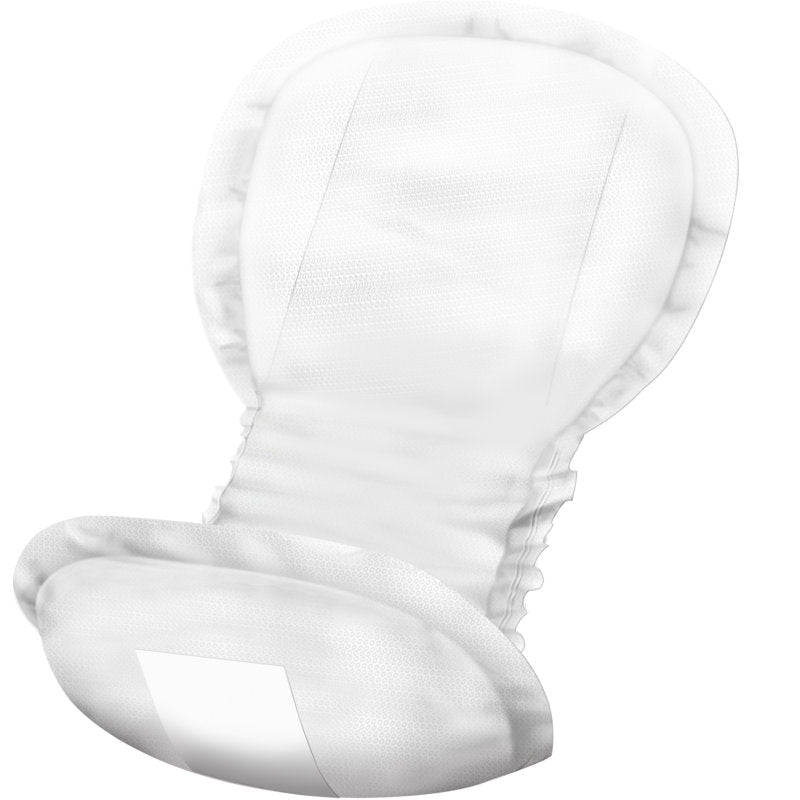 Close-up of an ABENA Maternity Pad, Premium from Abena Re-Seller GmbH (pack of 15 pieces), angled on a white background. The pad has a contoured shape, a textured surface, and high absorbency - ideal as postpartum pads.