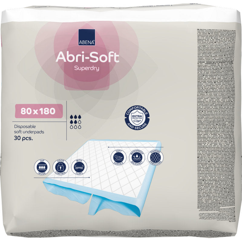 Eine Packung der Abena Re-Seller GmbH Einweg-Unterlage Abri-Soft Superdry, 80x180 cm, enthält 30 Paar. Die Verpackung zeigt Produkteigenschaften und Abbildungen der weichen Einweg-Unterlage.