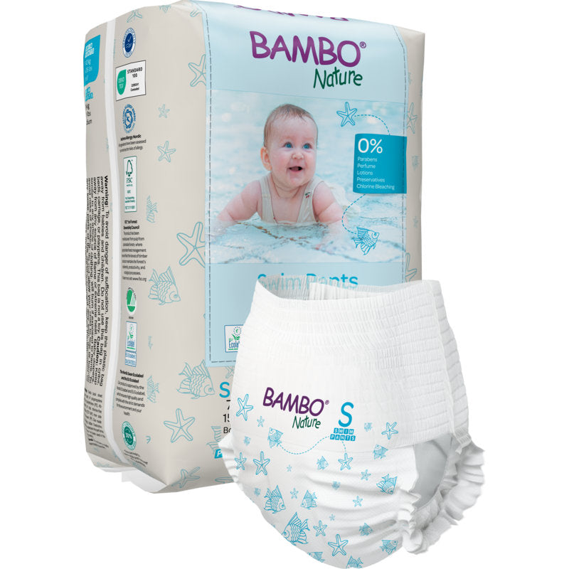 The Bambo Nature swim diapers, size S, 7-12 kg (12 pieces) from Abena Re-Seller GmbH feature a floating child on the front and swim pants with light blue starfish and shell motifs - ideal for your baby's water fun!