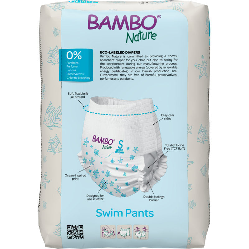 The 12-pack of Bambo Nature swim diapers, size S (7-12 kg) from Abena Re-Seller GmbH has a white-blue packaging with a swim diaper motif and highlights the eco-friendly formula with 0% parabens, lotion, and perfume. Suitable for babies weighing 7-12 kg.