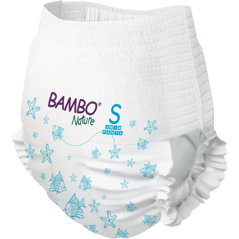The Bambo Nature swim diapers, size S, 7-12 kg (pack of 12) from Abena Re-Seller GmbH are white swim diapers with blue fish and starfish patterns, as well as an elastic waistband and leg cuffs. Ideal for babies.