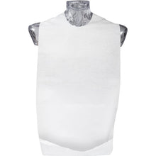 Ein transparenter Schaufensterpuppen-Torso zeigt den ABENA Excellent Speiselatz Einweg mit Tasche, 37x70 cm, Weiß (Packung 100 Stück) von Abena Re-Seller GmbH, dargestellt auf weißem Hintergrund für ein hygienisches Aussehen.