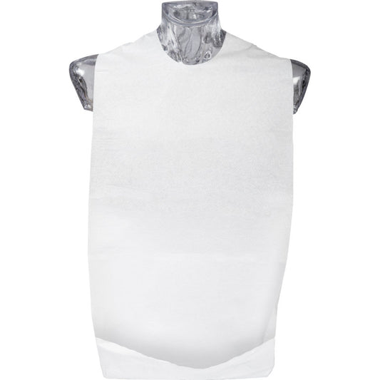 Ein ABENA Excellent Speiselatz Einweg m. Tasche, 37x70 cm, Weiß von Abena Re-Seller GmbH wird auf einem transparenten Schaufensterpuppen-Torso vor einem unifarbenen Hintergrund dargestellt. Die Packung enthält 100 Paare.