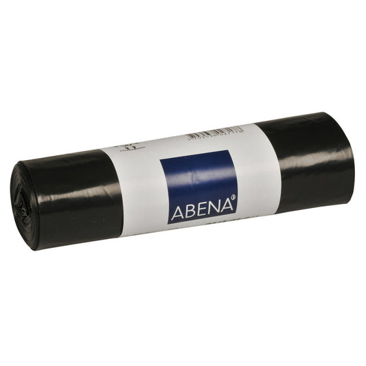 Eine Rolle schwarzer Müllsäcke mit einem weiß-blauen Aufdruck der Marke Abena Re-Seller GmbH mit der Bezeichnung "Abfallsäcke für Sækko Boy 120, 35 my LLDPE".