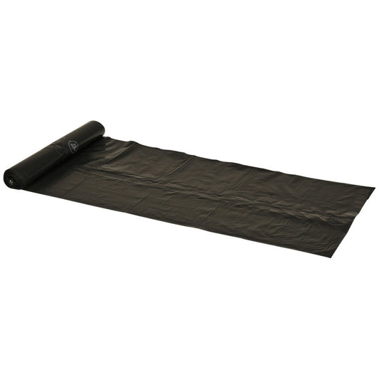 Eine teilweise abgerollte Rolle Abena Re-Seller GmbH Abfallsäcke 120 L (700x1050 mm, 30 my LLDPE, Schwarz, Rolle mit 10 Beutel) wird auf einem einfarbig weißen Hintergrund dargestellt.