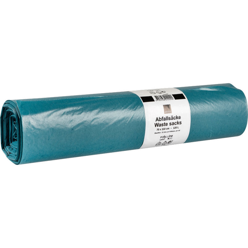 Eine aufgerollte Packung Abena Re-Seller GmbH Abfallsäcke 120 L (700x1100 mm, 30 my LDPE, blau), 25 Säcke pro Rolle, mit einem weißen Etikett in deutscher und englischer Sprache mit den Angaben "LDPE Abfallsäcke", "Abfallsäcke 120 L" und "Waste sacks.