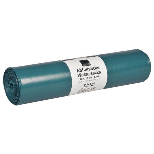 Eine Rolle Abena Re-Seller GmbH Abfallsäcke 120 L (700x1100 mm, 76 my LDPE, Blau) enthält 15 Säcke und ist mit einem weißen Etikett mit deutschen und englischen Informationen versehen.