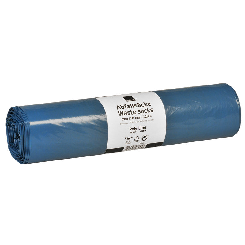 Eine Rolle Abena Re-Seller GmbH Abfallsäcke 120 L, 700x1100 mm, Blau (15 Säcke/Rolle), mit weißem Etikett in deutscher und englischer Sprache mit Produktangaben.