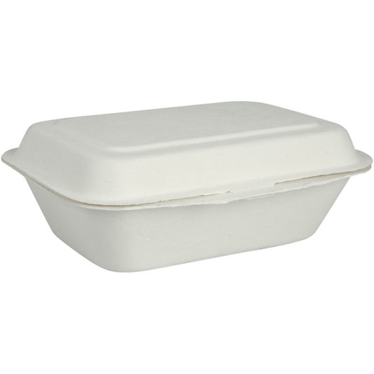 Die Menübox, Bagasse, Ungeteilt, Weiß von Abena Re-Seller GmbH ist ein geschlossener, rechteckiger weißer Mitnahmebehälter aus Faserform. Sie ist biologisch abbaubar und kompostierbar und wird vor einem schlichten weißen Hintergrund gezeigt.
