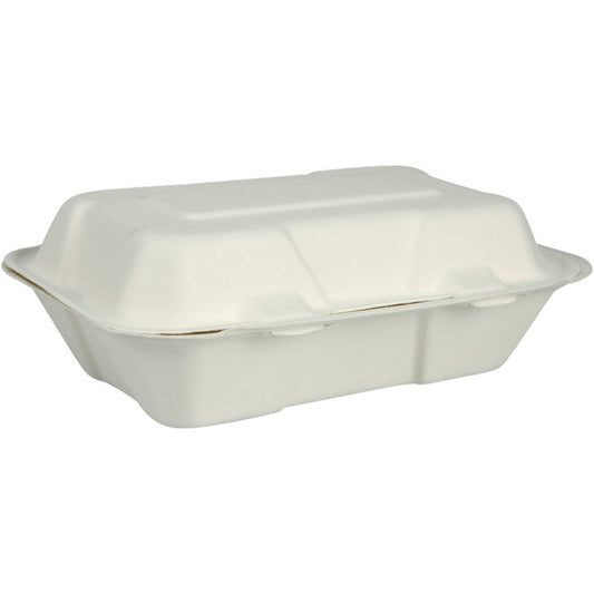 Die Menübox, Bagasse, Ungeteilt, Weiß von Abena Re-Seller GmbH ist ein geschlossener, rechteckiger, weißer Essensbehälter zum Mitnehmen mit einem Klappdeckel aus kompostierbarem und biologisch abbaubarem Material, abgebildet auf einem schlichten weißen Hintergrund.