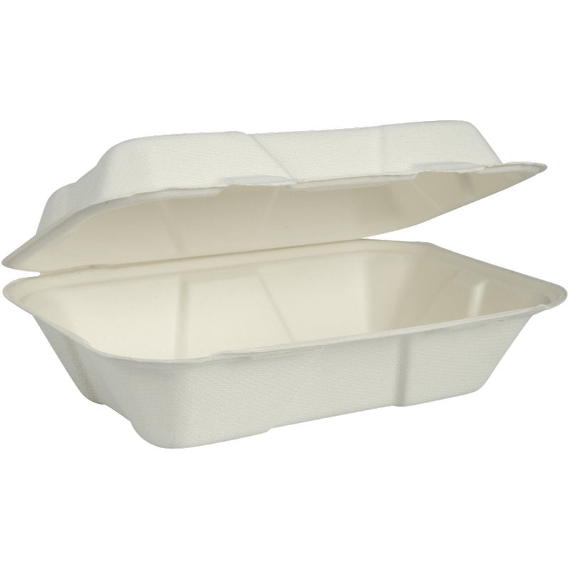 Eine weiße, rechteckige Menübox, Bagasse, Ungeteilt der Abena Re-Seller GmbH ist geöffnet mit angehobenem Deckel abgebildet. Der kompostierbare und biologisch abbaubare Faserformbehälter ist leer und steht vor einem schlichten Hintergrund.