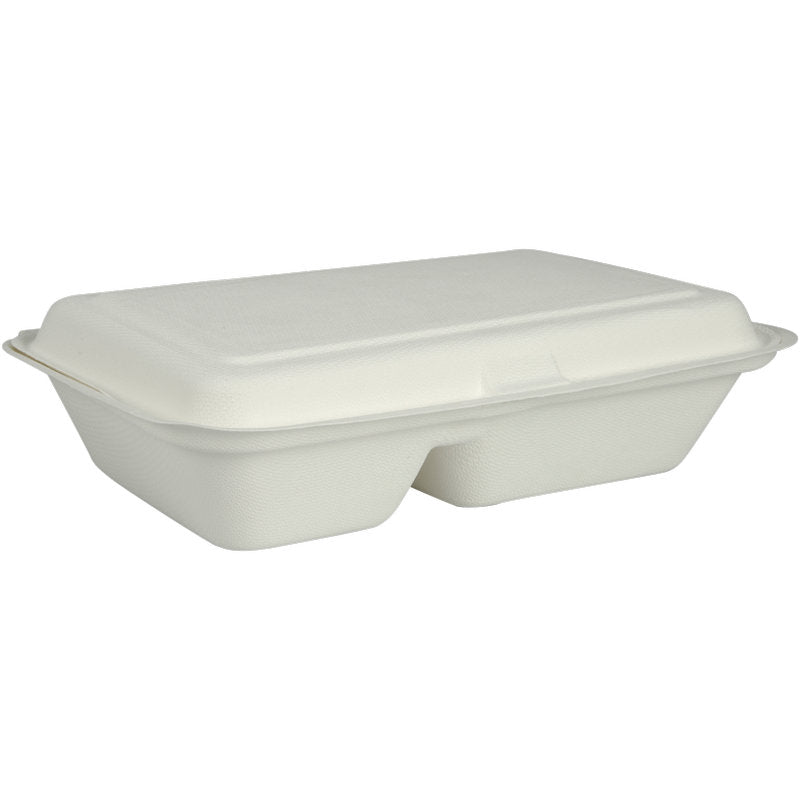 The menu box from Abena Re-Seller GmbH made of bagasse, 2-compartment in white (25x16.2x6.3 cm), biodegradable and packaged in a pack of 50 pieces, is depicted against a plain white background.