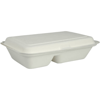 The menu box from Abena Re-Seller GmbH made of bagasse, 2-compartment in white (25x16.2x6.3 cm), biodegradable and packaged in a pack of 50 pieces, is depicted against a plain white background.